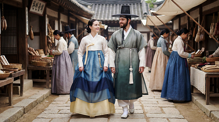 JPG 편집이미지 전통 기념일 문화 여행 모션 한국 여러명 관광지 걷기 손잡기 체험 시장 상품 한복 상인 의료성형뷰티 편집실사 AI인물포토 AI콘텐츠 한국전통 아시아 다수 컨셉 사람 이벤트 전통의상 CG 파일형식 AI포토