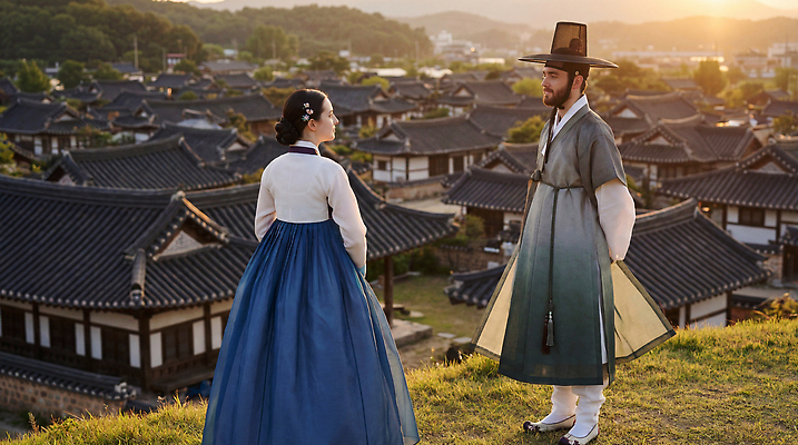 JPG 편집이미지 전통 옷 여자 남자 문화 백그라운드 자연 한옥 한국 대화 풍경 여러명 마을 체험 한복 오후 의료성형뷰티 편집실사 AI인물포토 AI콘텐츠 한국전통 아시아 다수 컨셉 고건축 말하기 사람 전통의상 CG 생태계 파일형식 AI포토