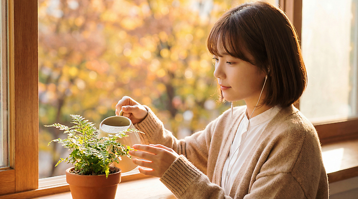 JPG 식물 편집이미지 라이프스타일 여자 화분 자연 실내 대화 취미 일상 햇빛 청소 창가 물주기 힐링 의료성형뷰티 편집실사 AI인물포토 AI콘텐츠 창문 모션 말하기 사람 내부 라이프 생활 태양 CG 생태계 파일형식 AI포토