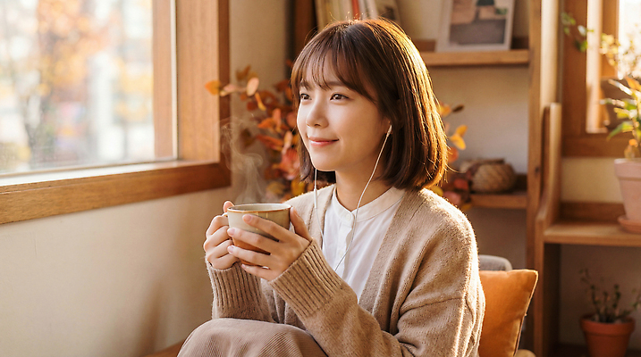 JPG 편집이미지 라이프스타일 시선 여자 커피 음악 이어폰 생각 주택 따뜻함 방 시간 분위기 편안함 창가 힐링 의료성형뷰티 편집실사 AI인물포토 AI콘텐츠 음료 음향기기 컨셉 창문 문화예술 사람 건물 생활 감각 CG 파일형식 AI포토