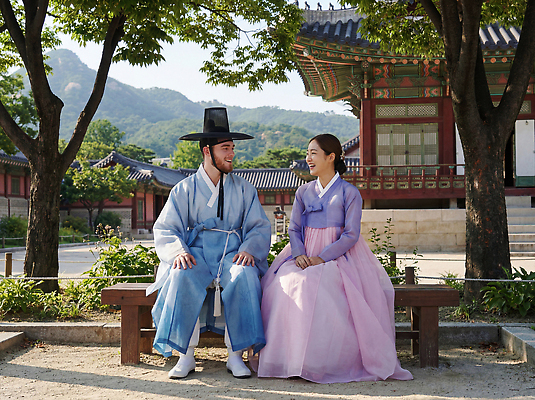 JPG 나무 편집이미지 공원 여자 남자 문화 벤치 한국 대화 풍경 일상 햇빛 궁전 전통의상 한복 뷰티풀 의료성형뷰티 편집실사 AI인물포토 AI콘텐츠 식물 한국전통 전통 공공시설 아시아 고건축 의자 말하기 사람 라이프 태양 CG 파일형식 AI포토