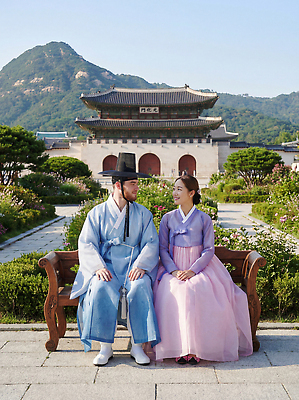 JPG 편집이미지 전통 문화 여행 한국 대화 사랑 정원 궁전 역사 한복 경복궁 방문 옛날 의료성형뷰티 편집실사 AI인물포토 AI콘텐츠 한국전통 감정 아시아 고건축 말하기 전통의상 CG 파일형식 AI포토