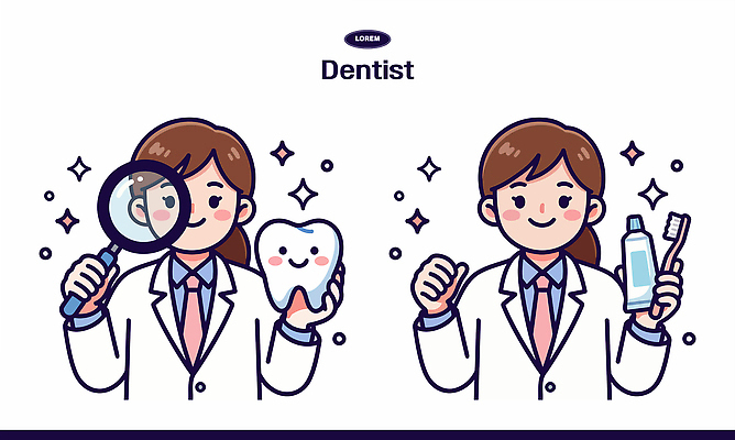 일러스트 안내 기술 건강 치과 관리 미소 치료 환자 의사 붓 치아 검사_조사 상담 치과의사 예방 치약 확대경 안심 목소리 유지 전문 국내일러스트 AI파일 의학 표정 병원 육류 위생용품 의료진 소화기관 파일형식 벡터