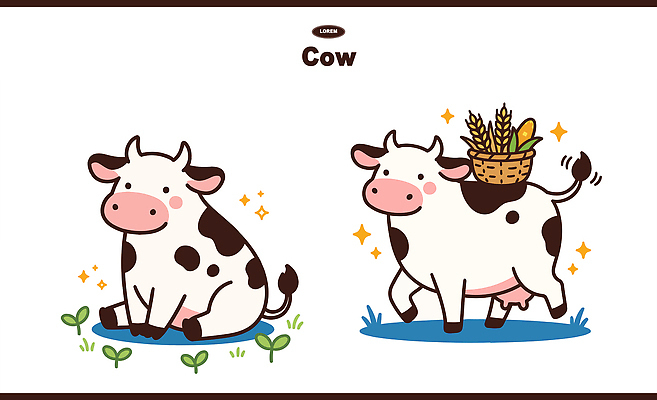 동물 캐릭터 일러스트 자연 생물 곡류 한국 앉기 풍경 초원 농장 바구니 걷기 정원 소 묘사 소캐릭터 송아지 일러캐릭터 AI파일 아시아 새끼 동물캐릭터 농업 포유류 모션 생태계 파일형식 벡터