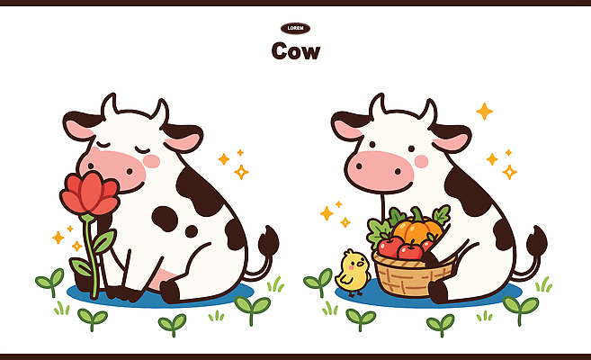 나무 식물 동물 캐릭터 꽃 여유 컬러 과일 일러스트 자연 사슴 병아리 초록색 농장 바구니 귀여움 소 장면 소캐릭터 송아지 일러캐릭터 AI파일 감정 새끼 동물캐릭터 컨셉 농업 포유류 조류 생태계 파일형식 벡터