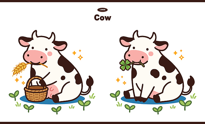 동물 농업 일러스트 자연 곡류 앉기 잔디 초원 일상 농장 바구니 귀여움 검은색 목장 흰색 소 먹이 소캐릭터 송아지 일러캐릭터 AI파일 식물 캐릭터 산업 새끼 컬러 동물캐릭터 컨셉 포유류 모션 라이프 생태계 파일형식 벡터