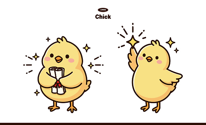 동물 캐릭터 손 별 상징 일러스트 병아리 서기 빛 노란색 귀여움 다정 기쁨 축하 표현 졸업장 입장 어깨 일러캐릭터 AI파일 자연요소 감정 컬러 컨셉 졸업 모션 조류 신체부위 파일형식 벡터