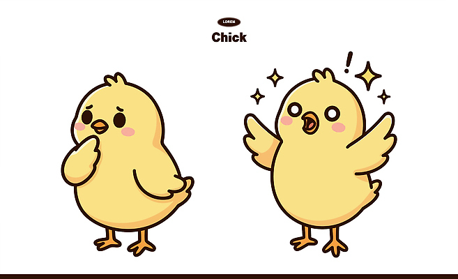 동물 캐릭터 디자인 포즈 생각 날개 일러스트 모션 조류 표정 병아리 웃음 노란색 표현 즐거움 그림 이미지 일러캐릭터 AI파일 감정 컬러 파일형식 벡터