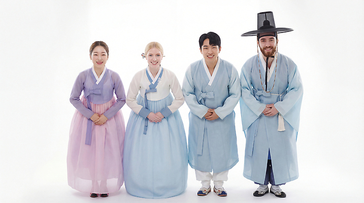 JPG 외국인 편집이미지 전통 옷 여자 남자 문화 컬러 기념 한국 웃음 사람 이벤트 전통놀이 모임 한복 전통체험 의료성형뷰티 편집실사 AI인물포토 AI콘텐츠 한국전통 아시아 놀이 표정 인종 체험 전통의상 CG 파일형식 AI포토