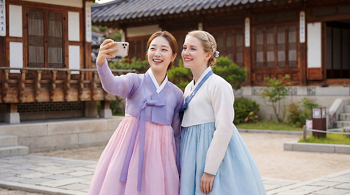 JPG 외국인 편집이미지 전통 여자 문화 여행 기념 한국 웃음 건물 친구 한복 셀프카메라 즐거움 방문 전통체험 의료성형뷰티 편집실사 AI인물포토 AI콘텐츠 한국전통 건축물 감정 아시아 관계 표정 사람 인종 사진촬영 체험 전통의상 CG 파일형식 AI포토