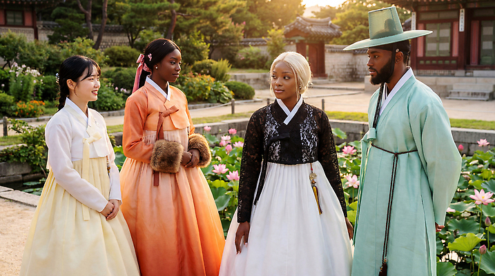 JPG 편집이미지 전통 옷 문화 여행 자연 한국 연꽃 이야기 사람 건물 여름 친구 정원 한복 뷰티풀 의료성형뷰티 편집실사 AI인물포토 AI콘텐츠 한국전통 건축물 계절 꽃 아시아 관계 전통의상 CG 생태계 파일형식 AI포토