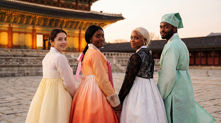 JPG 편집이미지 전통 패션 문화 여행 서울 한국 여러명 친구 역사 한복 즐거움 경복궁 오후 의료성형뷰티 편집실사 AI인물포토 AI콘텐츠 한국전통 감정 아시아 다수 관계 사람 궁전 전통의상 CG 파일형식 AI포토