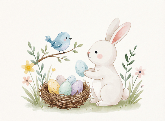 JPG 동물 꽃 행복 어린이 컬러 일러스트 자연 생명 동화 귀여움 알 봄 나뭇가지 토끼 생일 둥지 즐거움 부활절계란 파랑새 국내일러스트 AI일러스트 AI콘텐츠 나무 식물 계절 기념일 감정 컨셉 포유류 조류 부활절 사람 반려동물 계란 생태계 파일형식