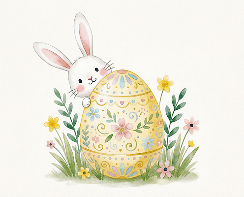 JPG 동물 꽃 컬러 일러스트 자연 잔디 장식 노란색 귀여움 알 봄 유치원 토끼 부활절계란 동물그림 숨기 국내일러스트 AI일러스트 AI콘텐츠 식물 계절 교육 컨셉 포유류 모션 부활절 반려동물 계란 생태계 파일형식