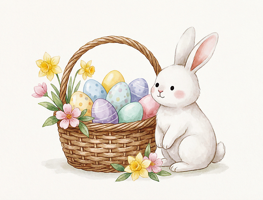 JPG 동물 캐릭터 전통 꽃 컬러 일러스트 자연 생명 부활절 이벤트 장식 반려동물 바구니 귀여움 계란 알 봄 토끼 그림 부활절계란 알록달록 국내일러스트 AI일러스트 AI콘텐츠 식물 계절 기념일 컨셉 포유류 컬러풀 생태계 파일형식