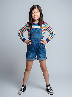 JPG 편집이미지 손 옷 여자 패션 어린이 포즈 백그라운드 티셔츠 카메라 줄무늬 청바지 자신감 멜빵바지 허리 의료성형뷰티 스타일 편집실사 AI인물포토 AI콘텐츠 감정 셔츠 무늬 바지 사람 신체부위 전자제품 멜빵 CG 파일형식 AI포토