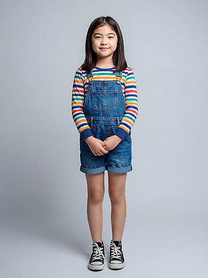 JPG 편집이미지 옷 여자 패션 감정 어린이 포즈 티셔츠 조명 표정 서기 줄무늬 회색 무대 멜빵바지 청치마 의료성형뷰티 스타일 편집실사 AI인물포토 AI콘텐츠 컬러 셔츠 무늬 바지 모션 사람 치마 멜빵 CG 파일형식 AI포토