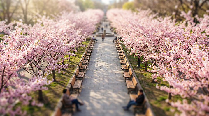 JPG 나무 편집이미지 공원 꽃 길 벤치 사람 앉기 풍경 소풍 봄 산책 감상 벚꽃 만개 이미지편집 AI컴퓨터그래픽 AI콘텐츠 식물 계절 공공시설 의자 모션 휴식 야외활동 파일형식