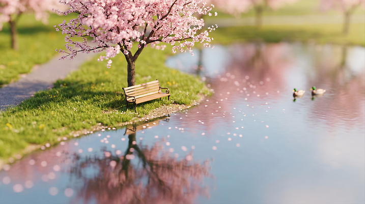 JPG 나무 편집이미지 공원 꽃 호수 벤치 자연 오리 풍경 잔디 물 반사 봄 산책 벚꽃 조경 이미지편집 AI컴퓨터그래픽 AI콘텐츠 자연요소 식물 계절 공공시설 의자 조류 휴식 생태계 파일형식