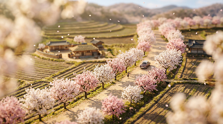 JPG 나무 편집이미지 꽃 도로 여행 자동차 자연 주택 풍경 봄 벚꽃 농촌 시골 꽃길 이미지편집 AI컴퓨터그래픽 AI콘텐츠 식물 계절 길 육상교통 교통시설 건물 생태계 파일형식