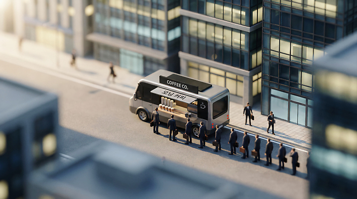 JPG 편집이미지 커피 음료 줄 모션 거리 여러명 건물 햇빛 판매 카페 트럭 대기 도시 오후 이미지편집 AI컴퓨터그래픽 AI콘텐츠 건축물 다수 자동차 사람 태양 상점 파일형식