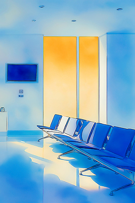 JPG 이동 의자 일러스트 창문 의학 조명 실내 파란색 빛 노란색 공간 대기 기다림 일과 소음 공공장소 대기실 방문객 빈자리 차분 국내일러스트 AI일러스트 AI콘텐츠 컬러 가구 컨셉 모션 내부 소리 장소 파일형식