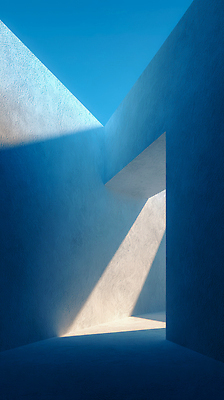 JPG 모양 편집이미지 디자인 건축 벽 조명 실내 그림자 파란색 빛 햇빛 깨끗함 고요 공간 흰색 구출 모던 이미지편집 AI컴퓨터그래픽 AI콘텐츠 컬러 컨셉 내부 태양 도움 파일형식