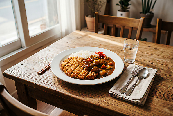 JPG 나무 식물 편집이미지 식기 접시 음식 포크 창문 식탁 밥 수저 일상 물 환대 카레 커트러리 카레돈가스 편집실사 AI포토 AI콘텐츠 자연요소 컨셉 탁자 라이프 돈가스 CG 파일형식