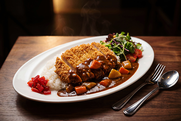 식기 음식 채소 식당 커틀릿 돈가스 야간 CG 파일형식 AI콘텐츠 카레 밥 샐러드 토마토 접시 식사 요리 레스토랑 점심 저녁 따뜻함 편집실사 편집이미지 JPG 카레돈가스 AI포토