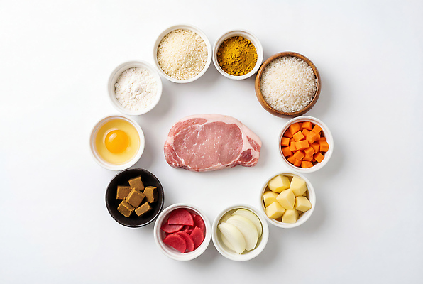 음식 채소 식재료 탁자 곡류 뿌리채소 알 돈가스 가루 CG 향미료 파일형식 AI콘텐츠 육류 재료 식탁 주방 밀가루 향신료 계란 당근 감자 양파 쌀 브로콜리 요리 편집실사 편집이미지 JPG 카레 카레돈가스 AI포토