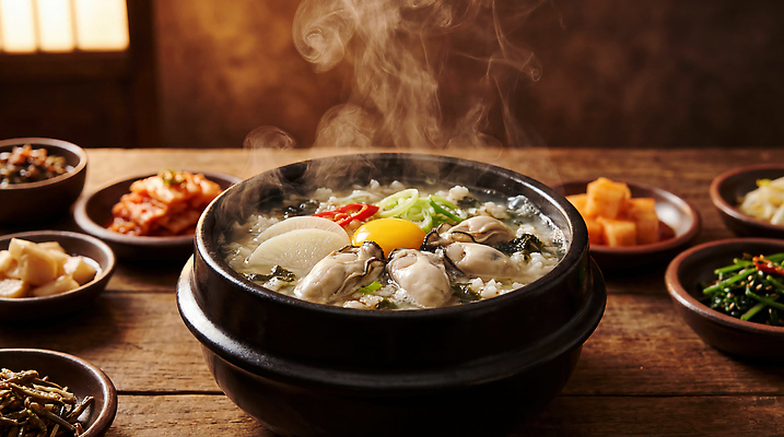 JPG 편집이미지 전통 음식 채소 식탁 반찬 한국 육류 요리 식사 굴 김 해산물 간장 온도 돌솥 굴국밥 편집실사 AI포토 AI콘텐츠 아시아 식재료 탁자 어패류 양념 해조류 CG 국밥 파일형식