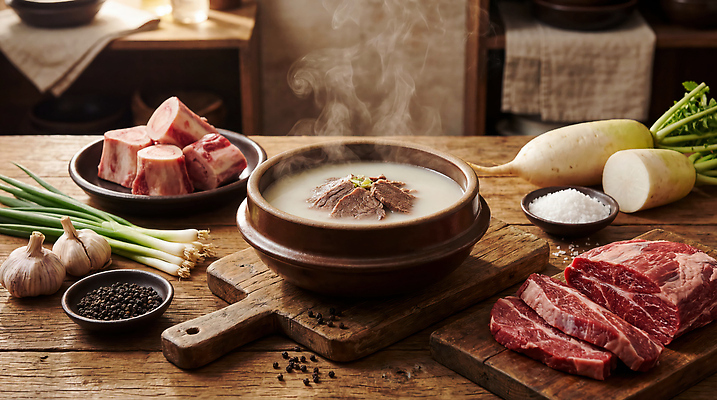 JPG 편집이미지 한식 음식 재료 마늘 육류 요리 주방 식사 소고기 무 국물 파 설렁탕 육개장 편집실사 AI포토 AI콘텐츠 채소 식재료 뿌리채소 CG 탕 국 파일형식