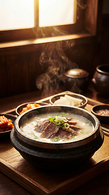 JPG 편집이미지 전통 한식 음식 밥 반찬 김치 한국 요리 식당 식사 소고기 뜨거움 국물 설렁탕 대파 편집실사 AI포토 AI콘텐츠 아시아 육류 상점 CG 탕 파 파일형식