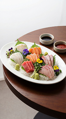 JPG 편집이미지 접시 음식 컬러 식탁 어류 요리 장식 초록색 식사 초밥 회 고추냉이 해산물 모듬회 일본음식 편집실사 AI포토 AI콘텐츠 식기 탁자 수중동물 양념 CG 파일형식