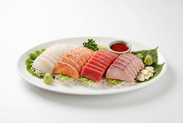 JPG 편집이미지 접시 음식 어류 요리 식사 회 신선 상추 고추냉이 해산물 간장 모듬회 일본음식 편집실사 AI포토 AI콘텐츠 식기 채소 수중동물 양념 CG 파일형식