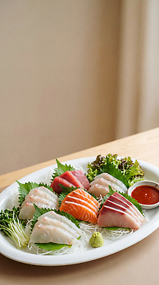 JPG 편집이미지 접시 바다 채소 나뭇잎 어류 요리 레스토랑 식사 생선회 신선 고추냉이 해산물 모듬회 초고추장 일본음식 편집실사 AI포토 AI콘텐츠 식기 음식 잎 식당 수중동물 회 양념 CG 파일형식