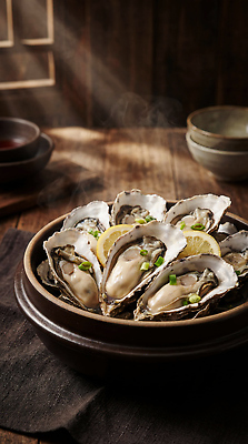 JPG 편집이미지 그릇 한식 음식 재료 탁자 요리 주방 식사 굴 신선 맛 레몬 해산물 파 편집실사 AI포토 AI콘텐츠 식기 가구 컨셉 채소 과일 어패류 CG 파일형식