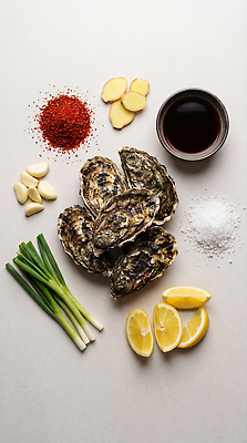 JPG 편집이미지 재료 마늘 요리 굴 신선 레몬 해산물 준비 간장 소금 파 생강 고춧가루 다지기 편집실사 AI포토 AI콘텐츠 채소 과일 어패류 양념 가루 CG 파일형식