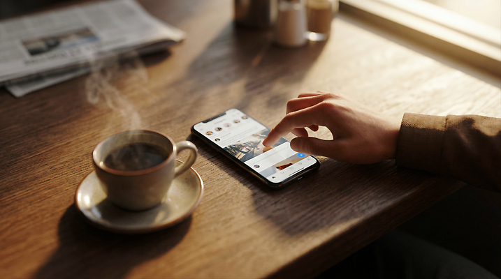 JPG 편집이미지 손 커피 음료 탁자 사람 일상 스마트폰 스크린 카페 정보 마시기 온도 소통 의료성형뷰티 편집실사 AI인물포토 AI콘텐츠 가구 컨셉 모션 라이프 신체부위 핸드폰 스마트기기 상점 CG 파일형식 AI포토