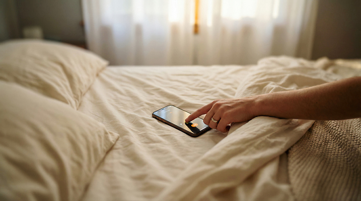 JPG 편집이미지 손가락 모션 아침 기술 밝음 일상 생활 스마트폰 핸드폰 방 침대 편안함 소통 의료성형뷰티 편집실사 AI인물포토 AI콘텐츠 주간 손 가구 컨셉 라이프 전자제품 스마트기기 감각 CG 파일형식 AI포토