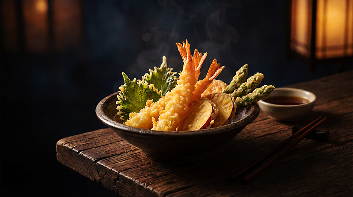 JPG 편집이미지 그릇 음식 채소 디저트 조명 새우 요리 식사 튀김 저녁 해산물 아스파라거스 나무탁자 일본음식 맛있는 편집실사 AI포토 AI콘텐츠 식기 탁자 갑각류 야간 CG 파일형식