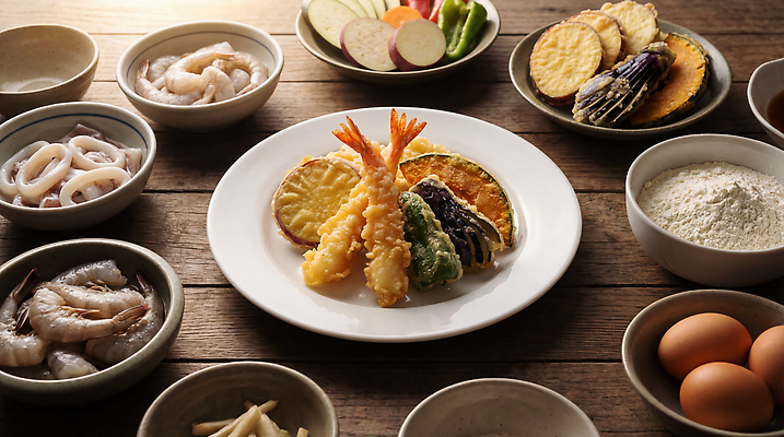 JPG 편집이미지 채소 재료 식탁 새우 요리 계란 튀김 해산물 오징어 반죽 밀가루 새우튀김 단호박 고구마튀김 편집실사 AI포토 AI콘텐츠 음식 탁자 호박 연체동물 갑각류 알 수중동물 가루 CG 파일형식