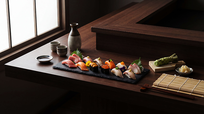 JPG 나무 편집이미지 접시 음식 탁자 종류 어류 식당 식사 초밥 저녁 고추냉이 해산물 간장 절임 일본음식 편집실사 AI포토 AI콘텐츠 식물 식기 가구 상점 수중동물 양념 야간 CG 파일형식