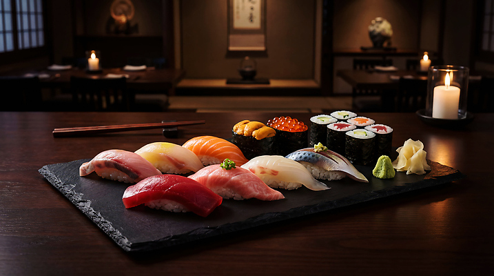 음식 가구 컨셉 초 말하기 식당 양념 CG 일본음식 파일형식 AI콘텐츠 일식집 초밥 탁자 요리 고객 촛불 대화 분위기 음료 간장 고추냉이 편집실사 JPG 편집이미지 AI포토