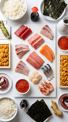 JPG 편집이미지 탁자 밥 반찬 초밥 회 신선 김 참치 해산물 간장 연어 광어 성게알 연어알 생새우 편집실사 AI포토 AI콘텐츠 음식 가구 어패류 어류 알 양념 해조류 CG 일본음식 파일형식