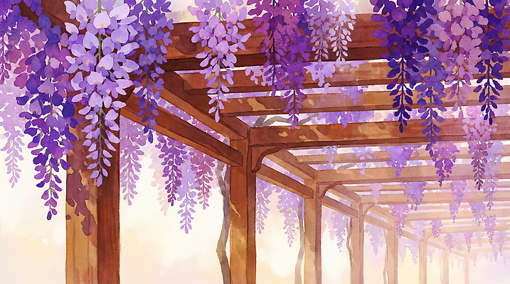 JPG 나무 식물 꽃 예술 여행 일러스트 자연 풍경 그래픽 햇빛 걷기 정원 보라색 봄 나뭇가지 구조물 등나무 뷰티풀 국내일러스트 AI일러스트 AI콘텐츠 계절 건축 컬러 모션 태양 생태계 파일형식