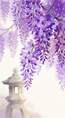 JPG 나무 식물 꽃 일러스트 자연 석조 풍경 장식 여름 정원 일본 보라색 조경 석등 등나무 뷰티풀 국내일러스트 AI일러스트 AI콘텐츠 계절 아시아 컬러 생태계 파일형식