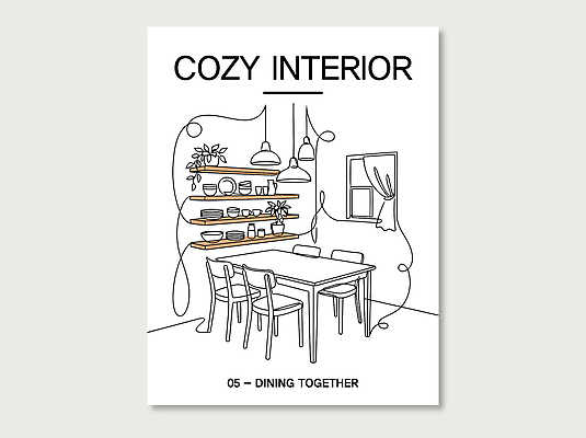 식기 디자인 가구 의자 일러스트 창문 가족 식탁 조명 선반 실내 목재 장식 인테리어 소파 주방 공간 방 모임 국내일러스트 AI파일 나무 생활용품 재료 관계 탁자 내부 파일형식 벡터