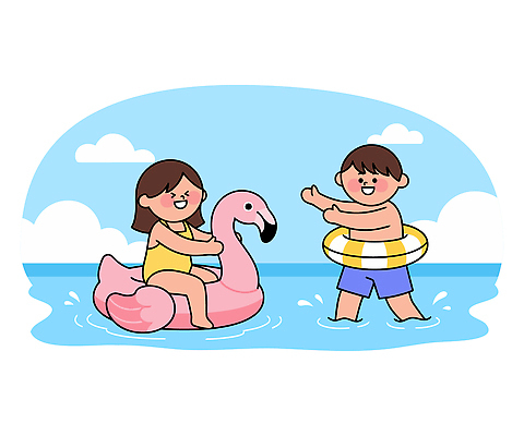 어린이 바다 분홍색 일러스트 가족 물놀이 놀이 수영장 여름방학 해변 여름 친구 햇빛 계곡 수중 수영 놀이터 즐거움 오리보트 국내일러스트 AI파일 계절 감정 컬러 관계 방학 사람 태양 수상스포츠 파일형식 벡터 여름_계절