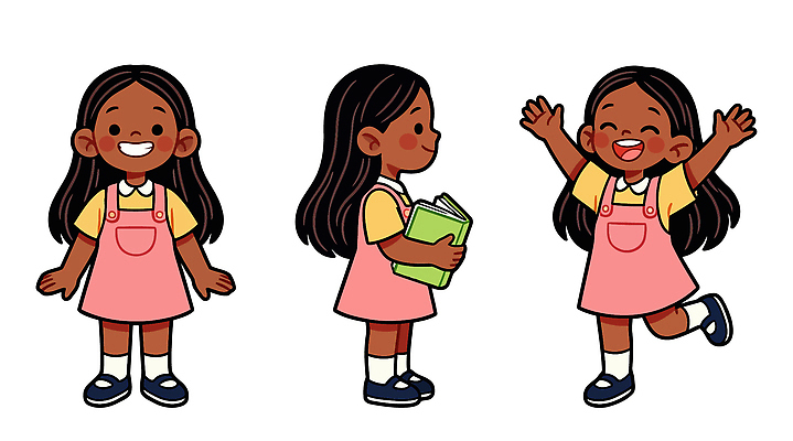 캐릭터 디자인 원피스 교육 어린이 분홍색 일러스트 모션 표정 이야기 웃음 소녀 책 친구 학습 독서 성장 연령 즐거움 만들기 국내일러스트 AI파일 옷 여자 감정 컬러 관계 사람 파일형식 벡터